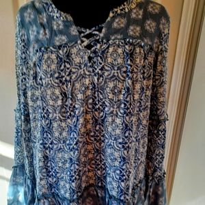 True Craft Boho Denim Blue Floral Peasant Blouse L